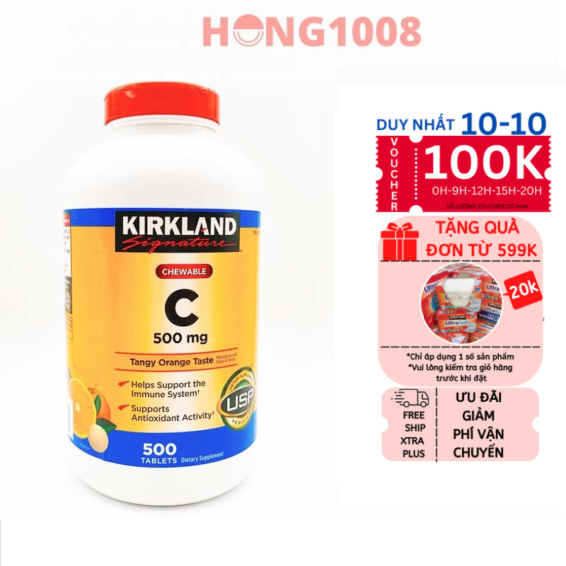 Viên Ngậm KIRKLAND Signature VITAMIN C 500 mg CHEWABLE hộp 500 viên - tăng sức đề kháng