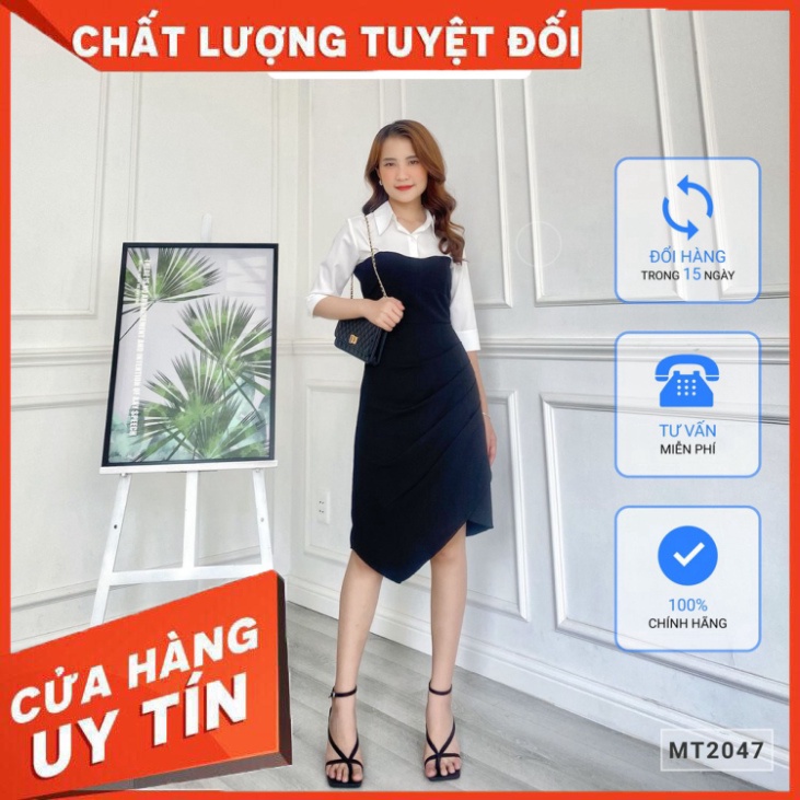 Đầm body cổ sơ mi xếp li eo BEMINE MT2047DEN - SIÊU HOT