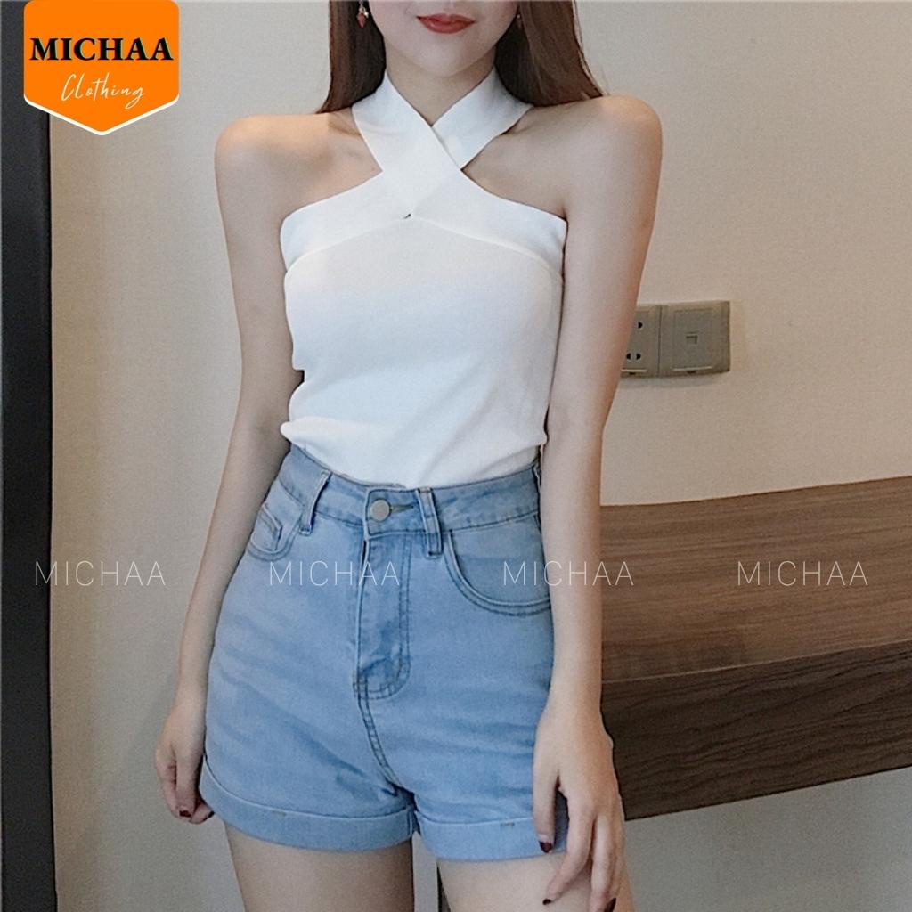 Áo Croptop YẾM 2 DÂY ĐẮP CHÉO BẢN TO Nữ Thun Gân, Áo Chéo Cổ - MICHAA
