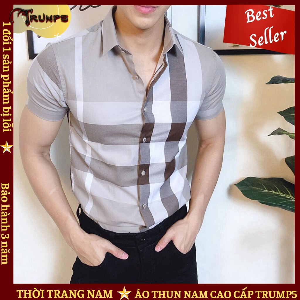 Áo Sơ Mi Nam Ngắn Tay 👕DEAL SỐC👕 Phối Ô Vuông Màu Sữa Chất Kate Mềm Mịn Dáng Ôm Body TRUMP5