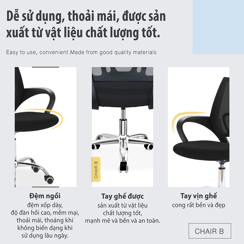 (CÓ SẴN)Chair19 Ghế lưới văn phòng cao cấp chân xoay Mẫu B01 BLACK