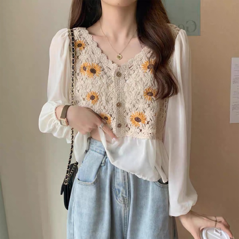 Áo Sơ Mi Tay Dài Phồng Thêu Hoa Phong Cách Pháp Ngọt Ngào Cho Nữ