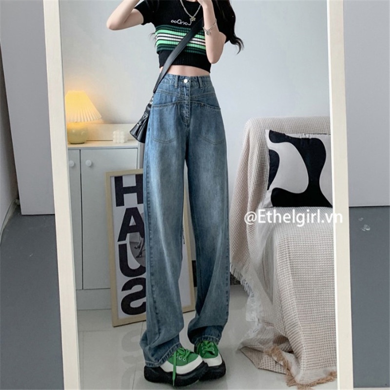 Quần Jeans Nữ Lưng Cao Ống Rộng Phong Cách Retro Thời Trang