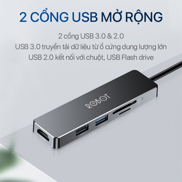 HUB USB-C Chuyển Đổi Đa Năng 5 In 1 ROBOT HT240S Type-C Cổng Kết Nối USB 3.0/HDMI/PD/SD/TF | BigBuy360 - bigbuy360.vn