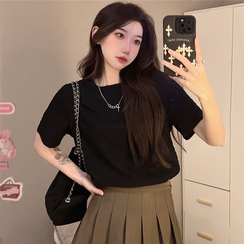 Áo thun SUXI cổ tròn ngắn tay màu trơn đơn giản cho nữ