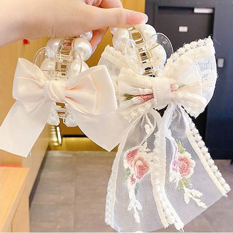 Kẹp Tóc Hình Nơ Lớn Đính Ngọc Trai Phong Cách Hàn Quốc Cho Nữ