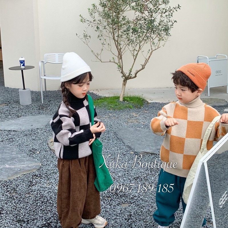 Áo Len Ép Cổ Lọ Quảng Châu Cao Cấp Bé Trai Bé Gái Hình Ô Vuông Xuka Boutique Áo Len Cho Bé Chất Cực Kì Đẹp (Ảnh Thật)