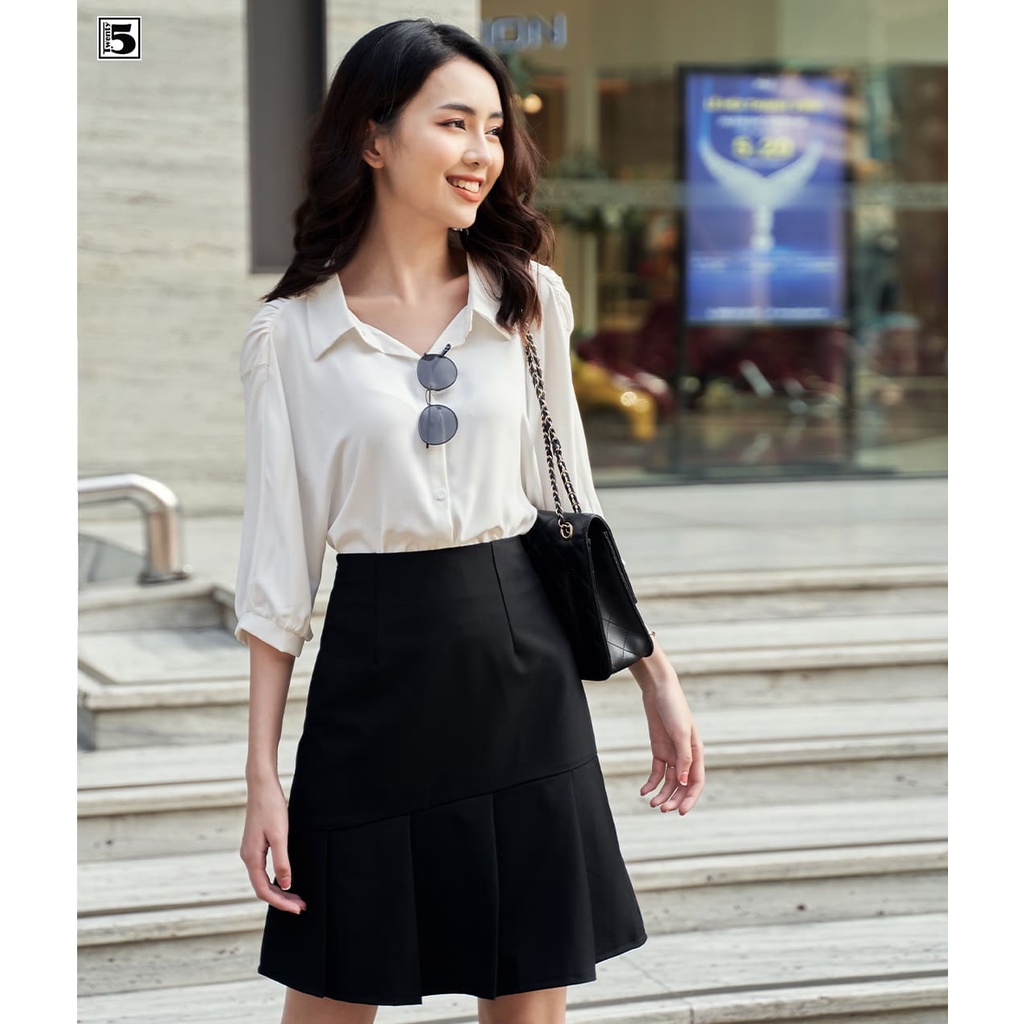 Áo sơ mi nữ cổ đức công sở dáng rộng lửng vai nhún xếp ly tay lửng Twentyfive N137