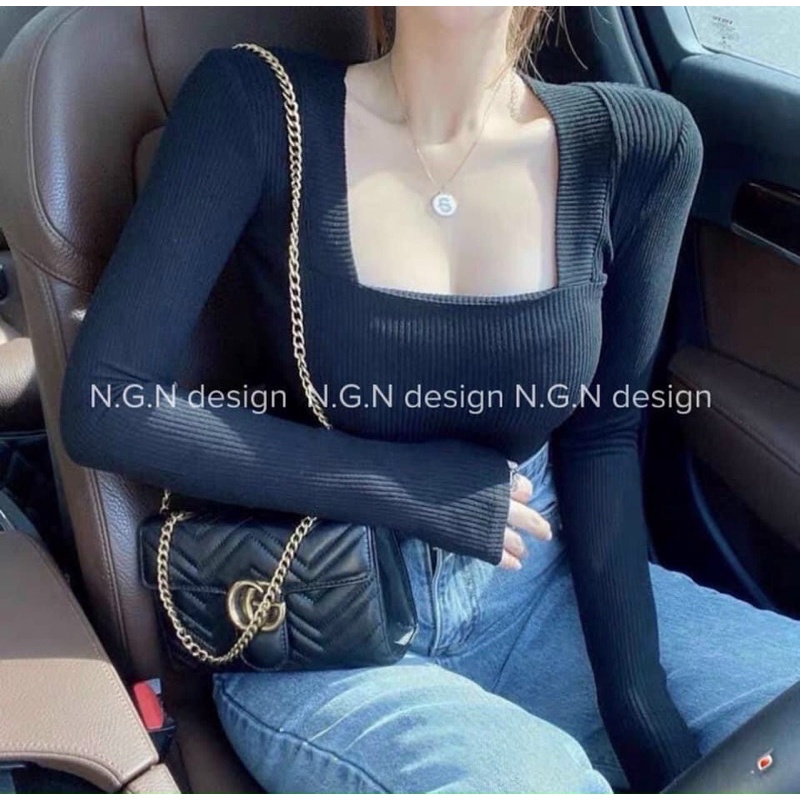 Áo len tăm cổ vuông croptop dài tay