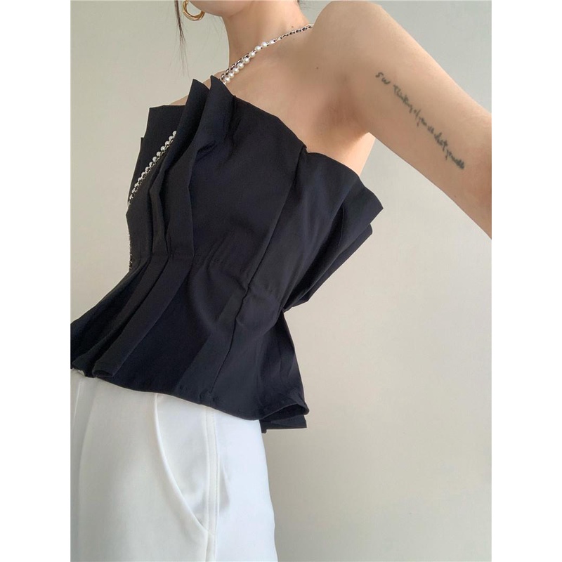 Áo ống ngắn màu đen không dây xếp ly thời trang cao cấp