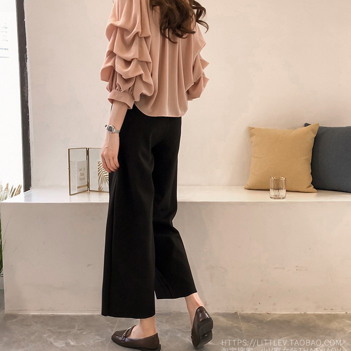 Áo Sơ Mi Chiffon Cổ Thuyền Dáng Rộng Màu Xanh Dương Phong Cách Hàn Quốc Thời Trang Công Sở Cho Nữ (1001)