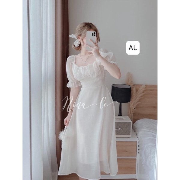 Đầm Tiểu Thư Cổ Nhúm Cộc Tay vải Voan 2 Lớp Dáng Dài freesize