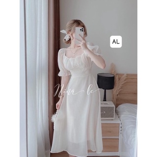 Đầm Tiểu Thư Cổ Nhúm Cộc Tay vải Voan 2 Lớp Dáng Dài freesize