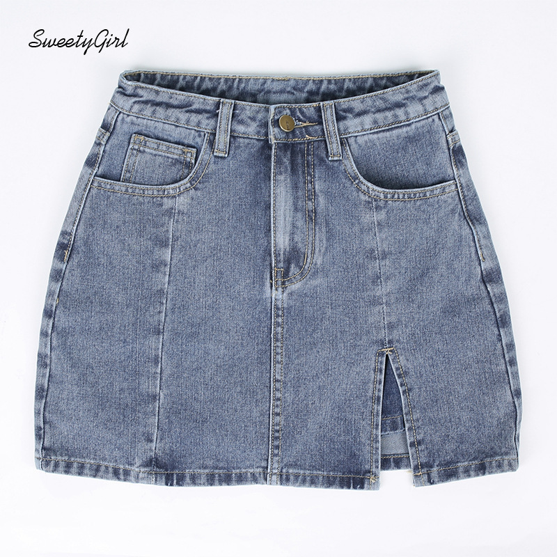 Chân váy denim eo cao xẻ tà có túi phong cách đường phố thời trang nữ