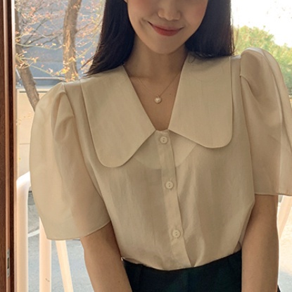 Áo Sơ Mi Tay Phồng Cổ Búp Bê Màu Trơn Dáng Rộng Dễ Phối Đồ Thời Trang Mùa Hè Cho Nữ