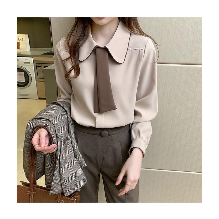 Áo Sơ Mi Tay Dài Màu Trơn Phối Cà Vạt Thời Trang Mùa Thu Cho Nữ