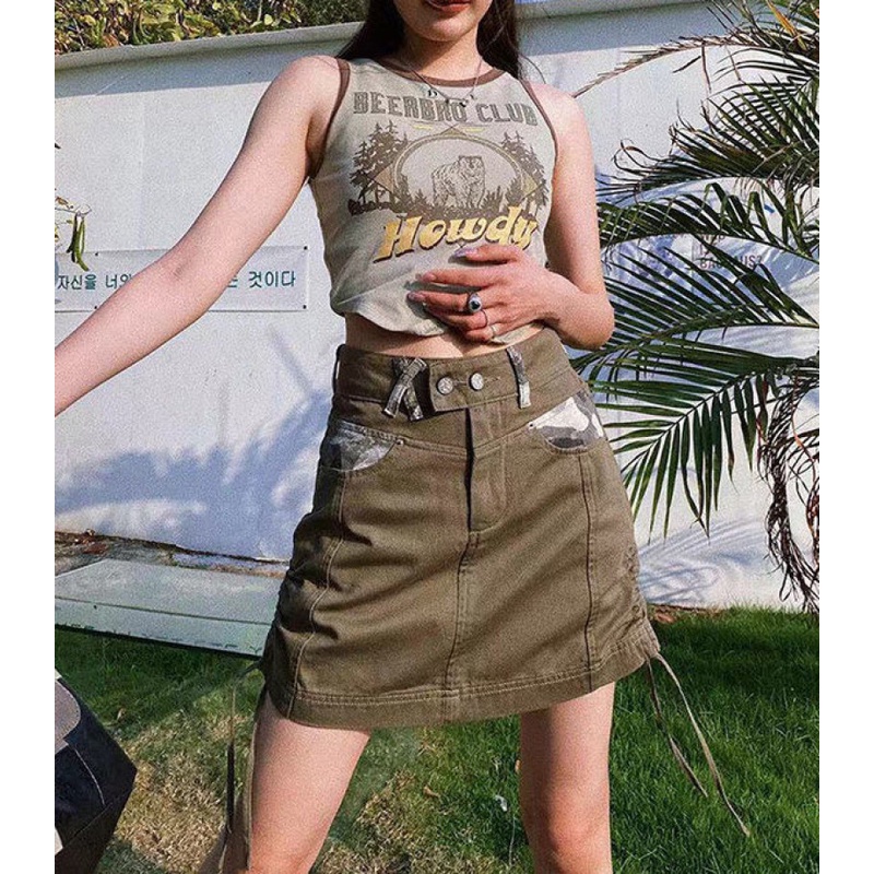 Chân Váy Denim Lưng Cao Thiết Kế Đan Dây Thời Trang Mùa Hè Cho Nữ