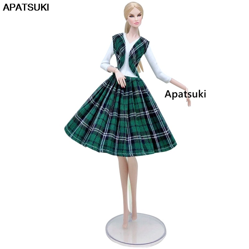 Set áo khoác và đầm caro xanh lá thời trang cho búp bê Barbie 1/6