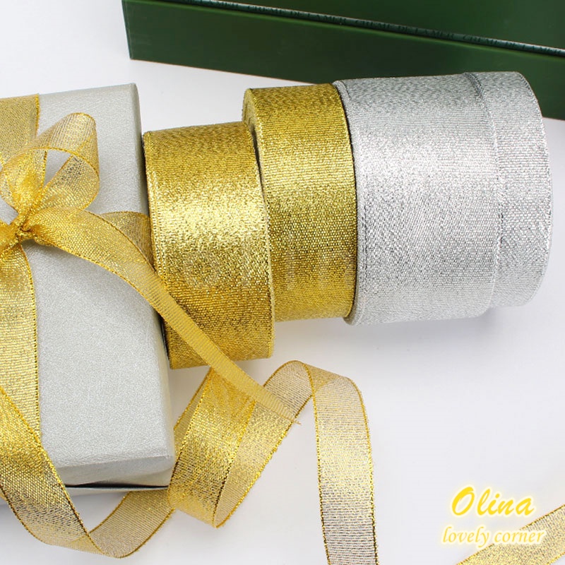 Cuộn Dây Ruy Băng 22Mút 6mm-50mm Màu Vàng Kim/Bạc Dùng Để Gói Quà