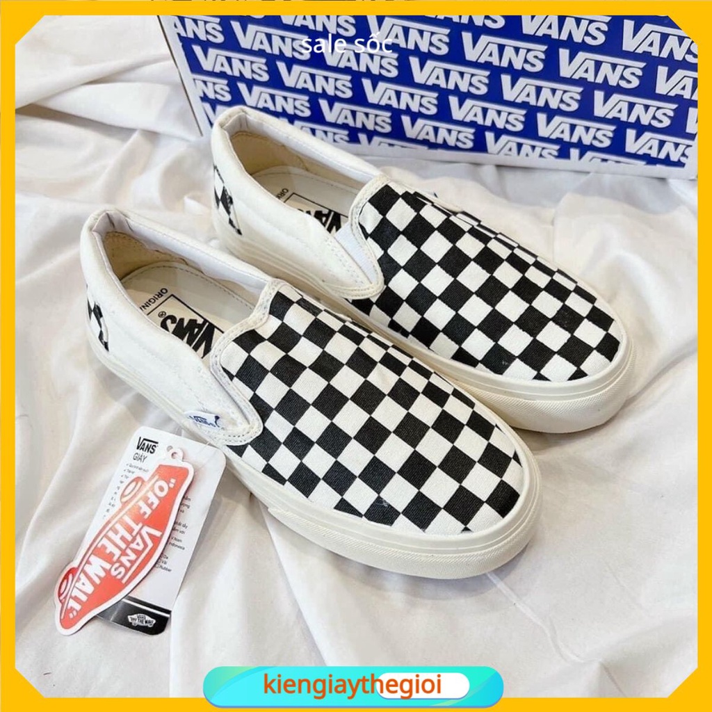 Giày thể thao Vans dán đen trắng fog Classic Slip On, Giày Van Caro lười Đen trắng Full Box Bill buộc dây