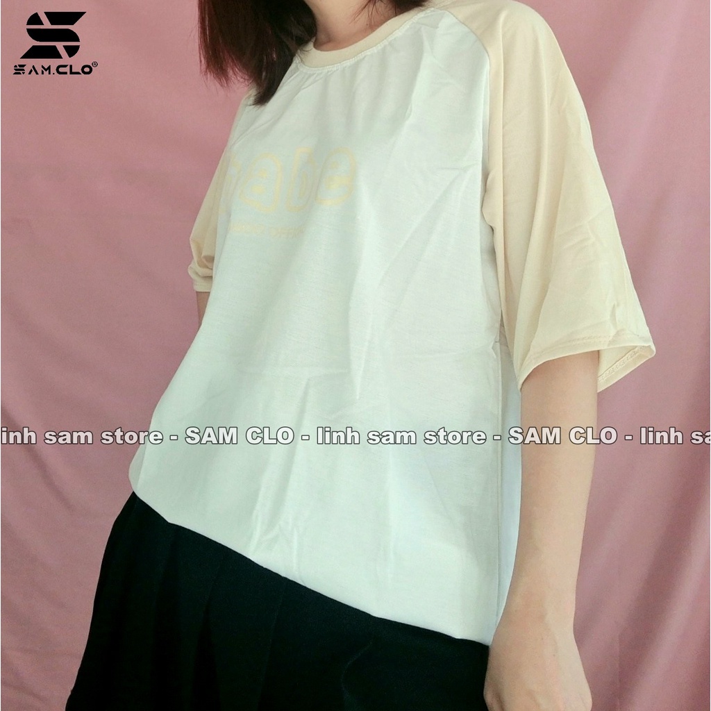Áo thun nữ tay lỡ SAM CLO freesize phông form rộng dáng Unisex, mặc lớp, nhóm, couple phối tay chữ BABE