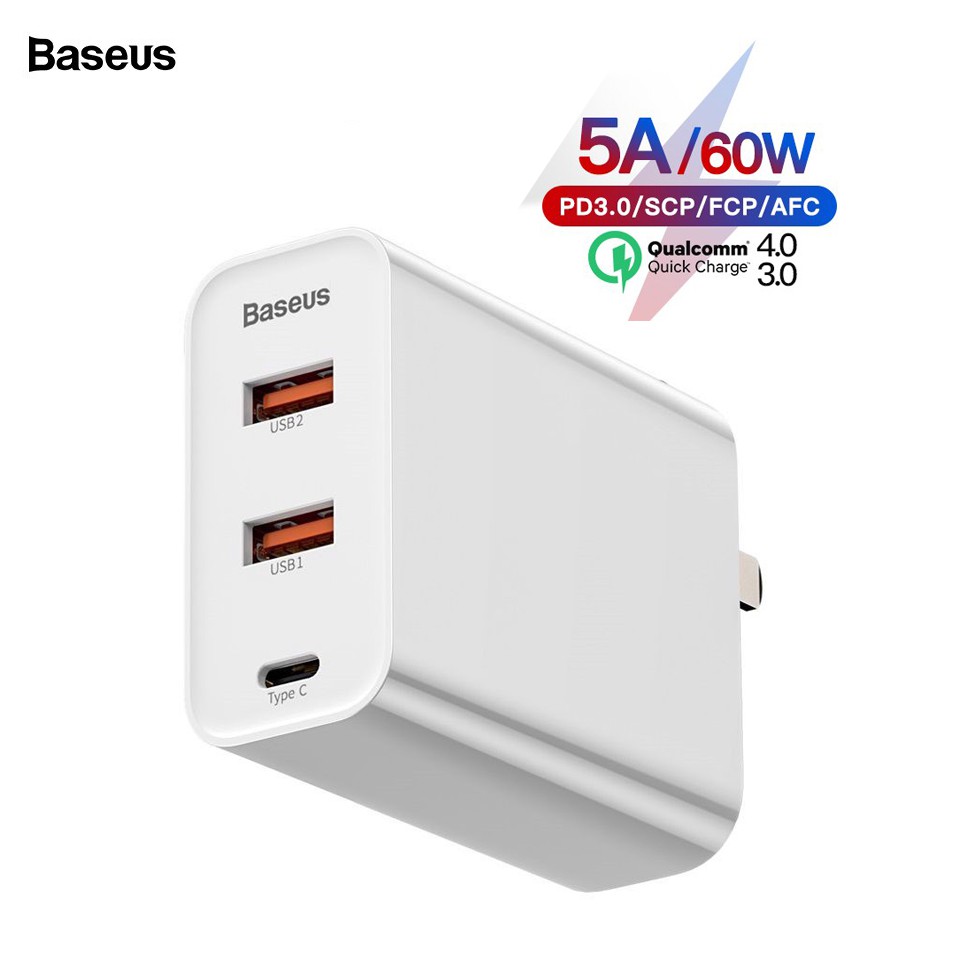 Cốc sạc nhanh đa năng, công suất cao Baseus PPS Quick Charger 60W cho Smartphone/ Tablet/ Laptop 3 ports