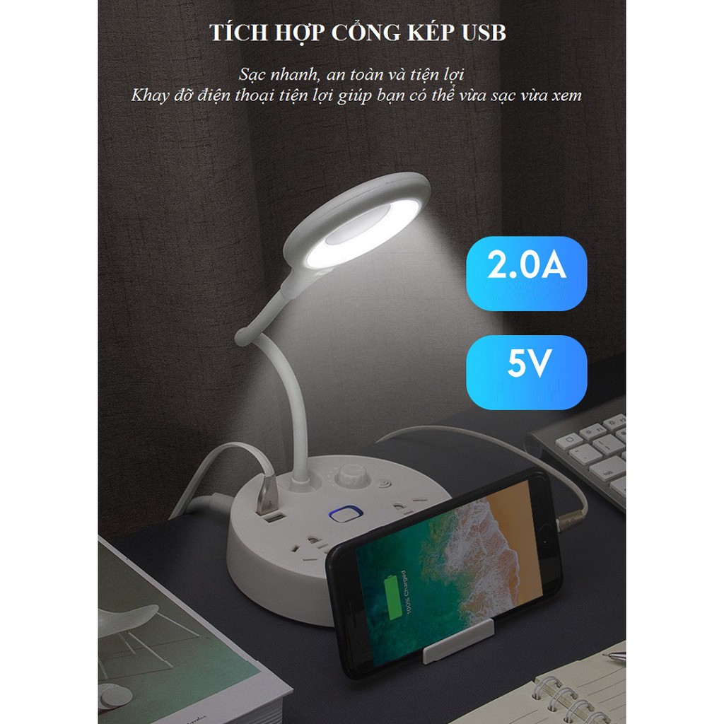 Đèn Học, Làm Việc Dể Bàn Chống Cận Tích Hợp Nhiều Ổ Cắm Và Cổng USB Sạc Điện Thoại Tiện Dụng