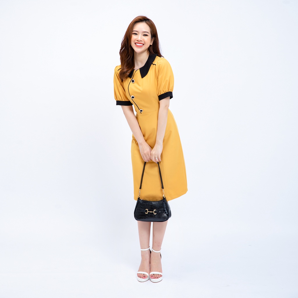 Đầm thiết kế cao cấp công sở AMYRA dáng chữ A trung niên phối đính nút cổ bèo Da153 | BigBuy360 - bigbuy360.vn