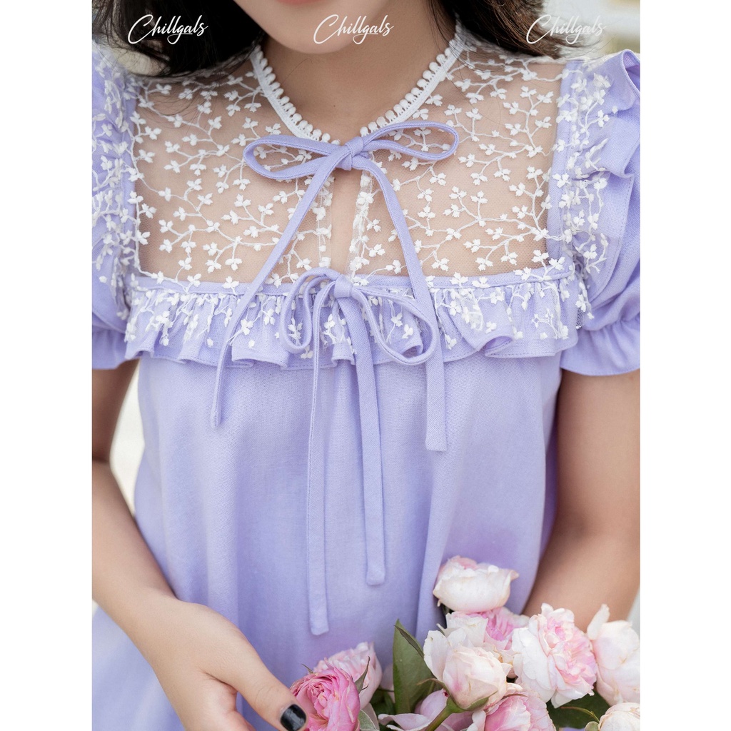 Bộ đồ ngủ Lolita Chillgals phối ren ở cổ và quần đùi viền bèo Màu Tím SAQ-018TI