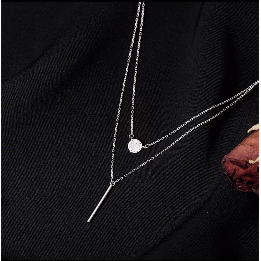 Dây chuyền bạc Dây kép 2 sợi mix mặt tròn đính đá và thanh line bạc ta