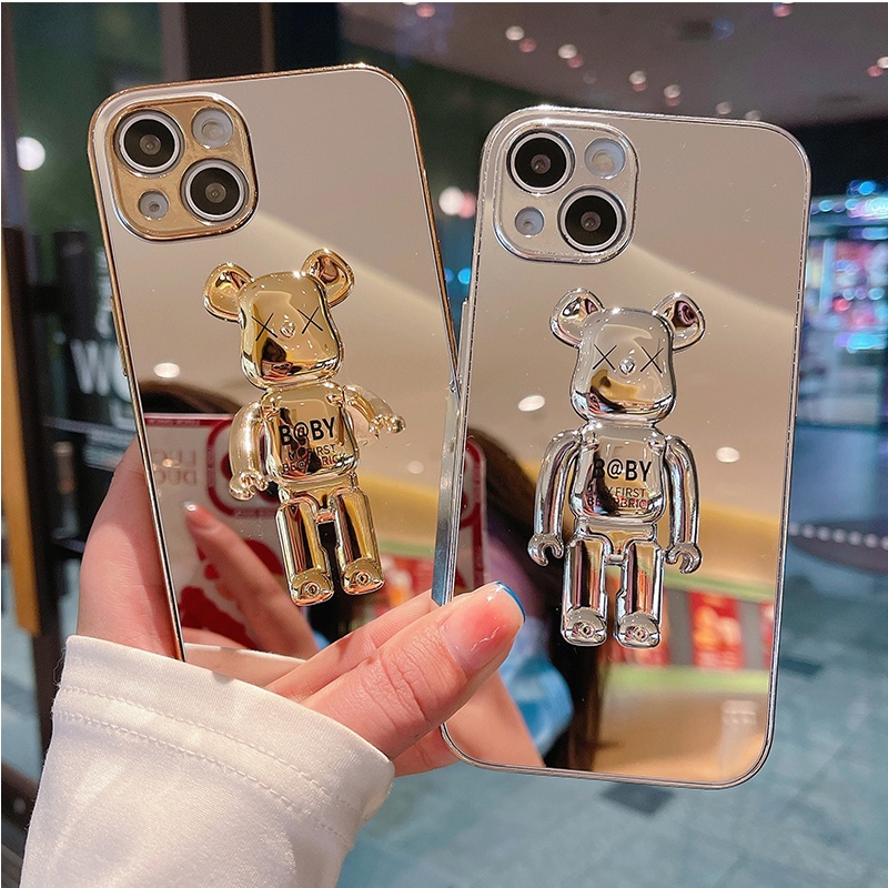Ốp Điện Thoại Mạ Vàng/Bạc Hình Chú Gấu Kèm Giá Đỡ Cho IPhone 13 13Pro 13Promax 12 12Pro 12Promax 11 11Pro 11Promax XSmax Xr X Xs 8 7Plus