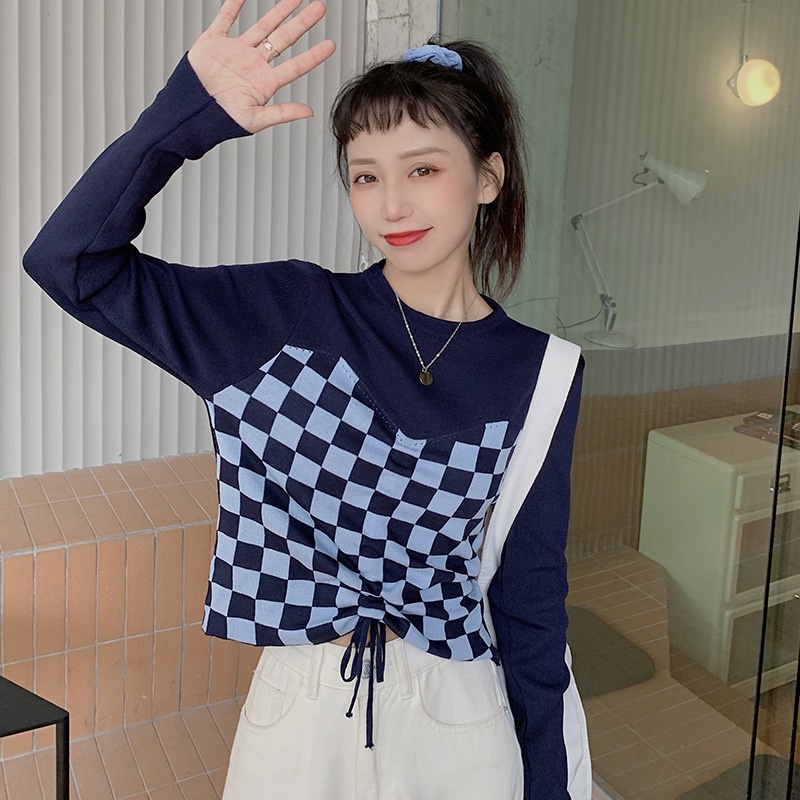 Áo croptop dệt kim tay dài dáng ôm phối dây rút trước họa tiết kẻ sọc thời trang mùa thu quyến rũ cho nữ