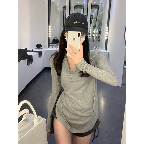Áo Thun Nữ Dáng Rộng Dài Tay 🍊🍊 Áo Thun Nữ Có Mũ Mix Quần Đùi Dây Rút Năng Động - Phong Cách Hàn TD005