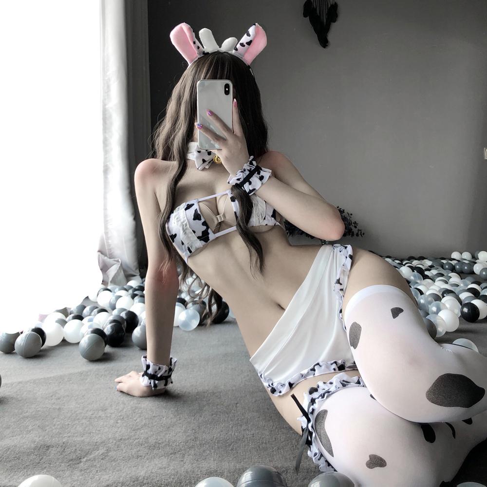 Bộ Trang Phục Cosplay Bò Sữa Gồm Áo Ngực Và Quần Lót Và Băng Đô Gợi Cảm