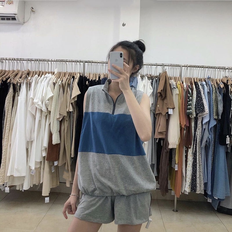 Sét Tanktop Cổ Polo Pha Màu Kèm Quần Short M836-Violet