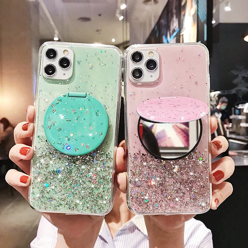 Case iPhone 12 Mini 11 Pro Max 6 6S 7 8 Plus X XR XS XS Max SE 2020 Epoxy Silver Foil Glitter Phone Case With a round mirror