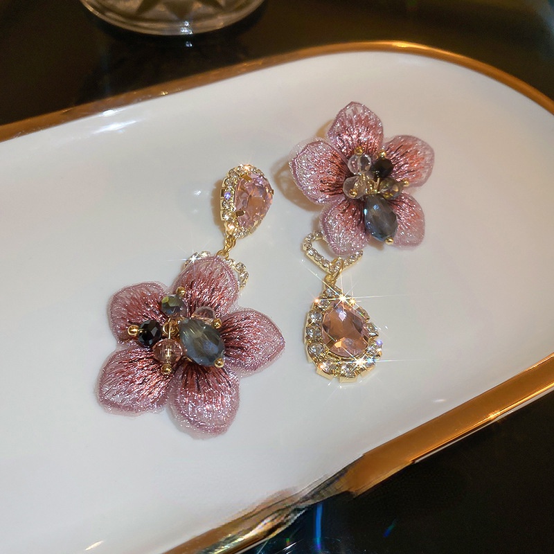 Bông Tai Mạ Bạc 925 Hình Giọt Nước Họa Tiết Hoa Đính Kim Cương Phong Cách Hàn Quốc