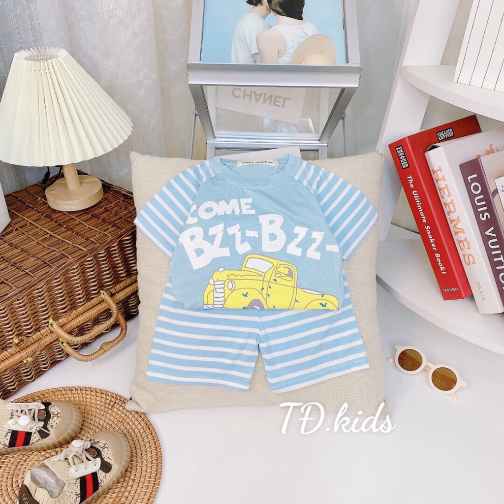 Bộ cộc tay Minky Mom thun lạnh phối sọc dệt cho bé