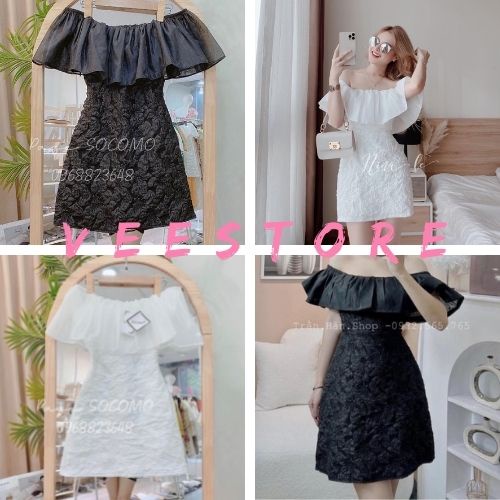 Váy trễ vai gấm xốp hoa dáng xòe sang chảnh mặc đi chơi, dự tiệc/Đầm tiểu thư ôm eo mặc tôn dáng 2 màu quyến rũ_veestore
