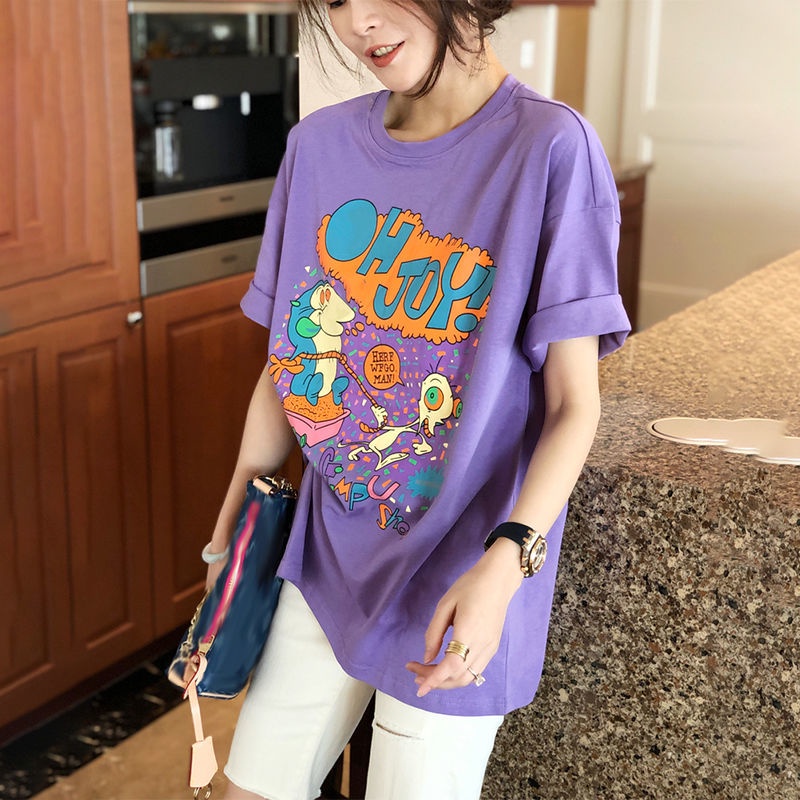 Áo Thun Cotton Tay Ngắn Màu Tím Thời Trang Mùa Hè Hàng Mới Dành Cho Nữ