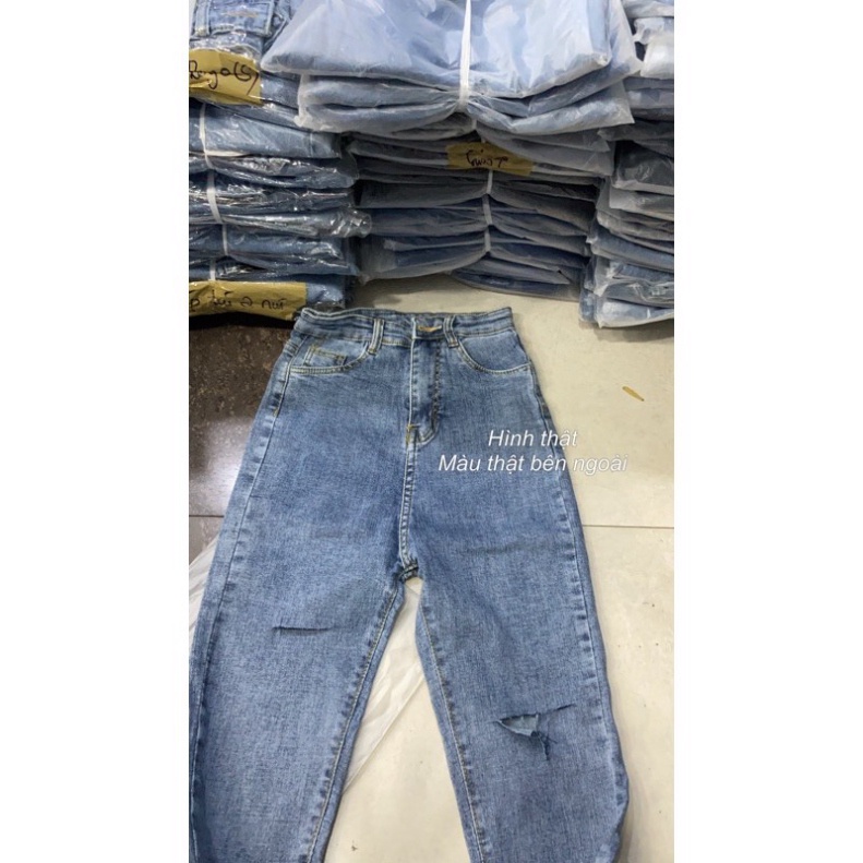Quần jeans nữ lưng cao RÁCH t ôm body lưng siêu cao rách gối xanh nhạt J123