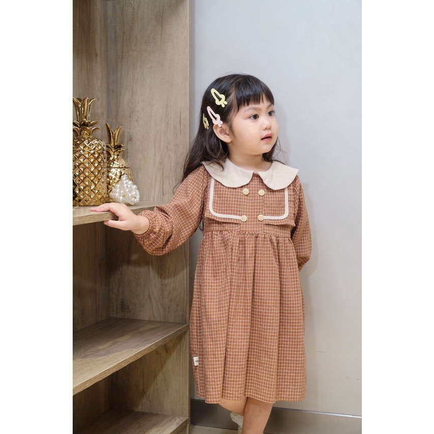 Váy thu dài tay cổ sen trắng, kẻ caro trắng cho bé 1-5 tuổi (Mã PL0023)