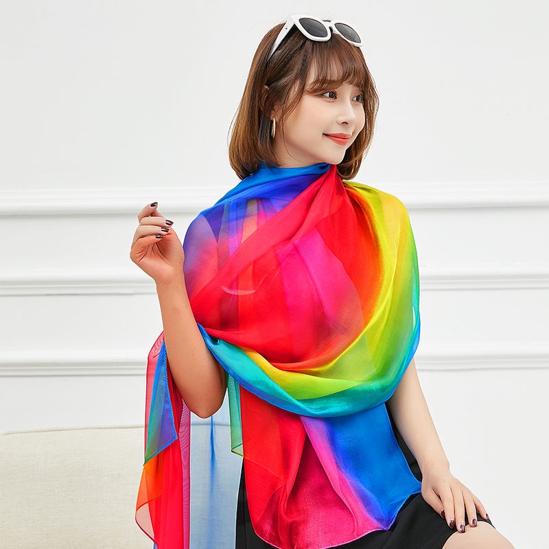 Khăn Choàng Chiffon Lụa Màu Gradient Cầu Vồng Chống Nắng Mùa Thu Đông Dễ Phối Đồ Cho Nữ