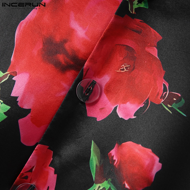 Áo sơ mi INCERUN ngắn tay in họa tiết phối nút thời trang cho nam