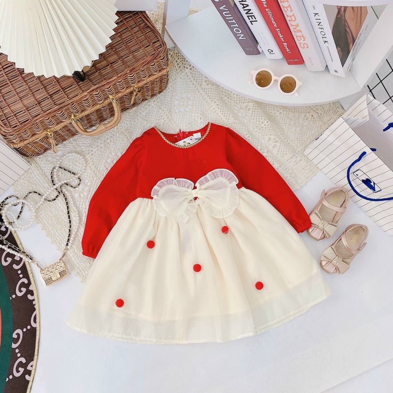Váy nhung viền xích bo tay phối voan bé gái