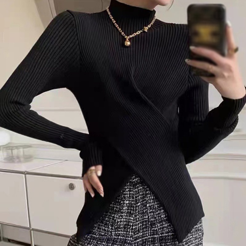 Áo Dệt Kim Tay Dài Cổ Lọ Màu Sắc Đơn Giản Phong Cách Hàn Quốc Cho Nữ