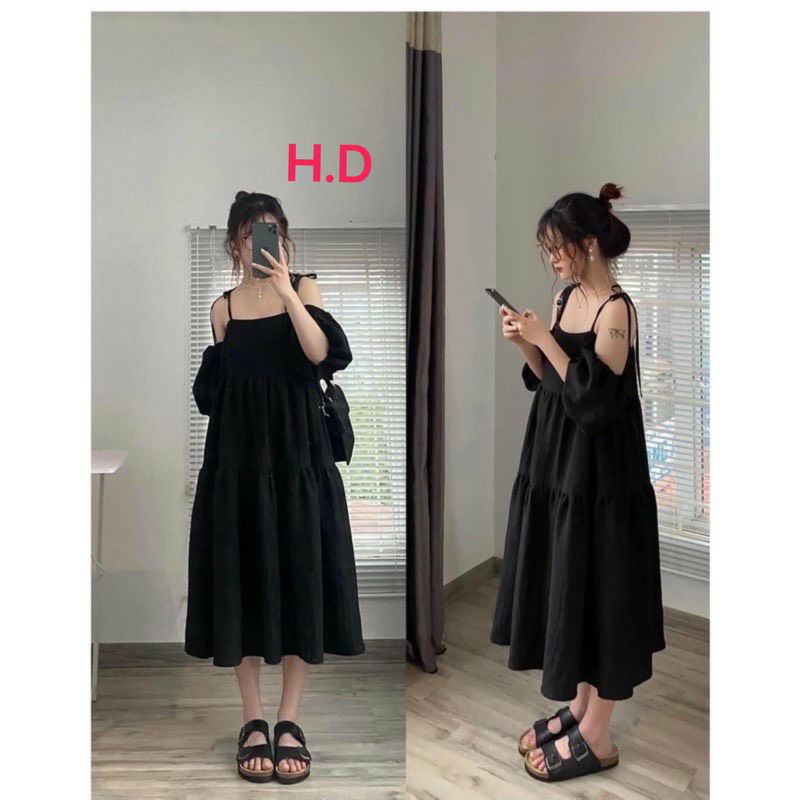 Váy hai dây babydoll  2 lớp có tay tháo rời mặc 4 kiểu🎀Đầm Maxi đi biển dáng dài Vintage tiểu thư