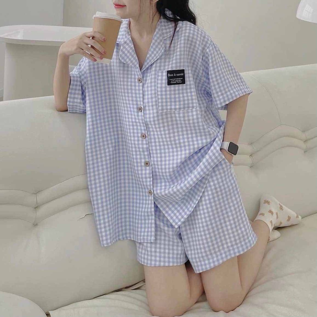 Bộ quần short áo sơ mi kẻ caro GUAR , set bộ đi chơi nữ form rộng thoải mái 8131