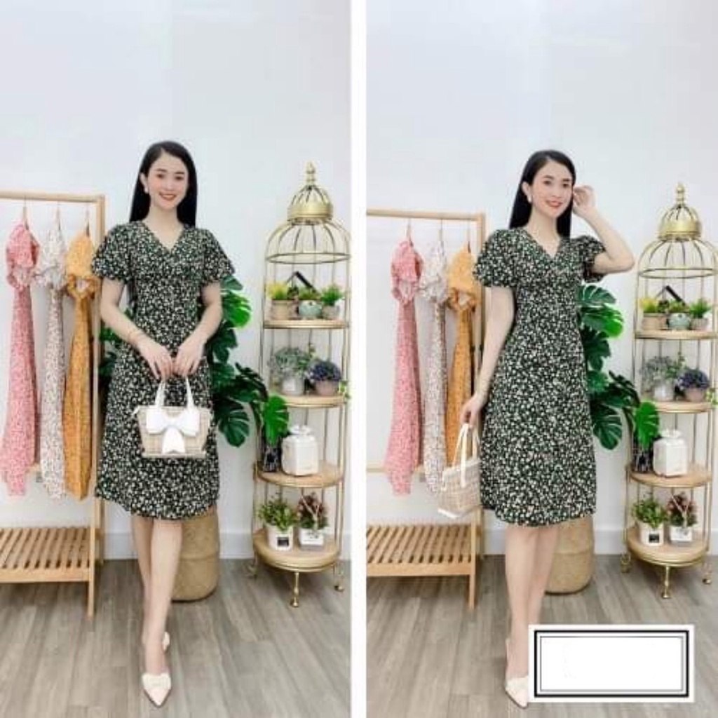 Đầm hoa nhí cổ v tay phòng dáng xòe