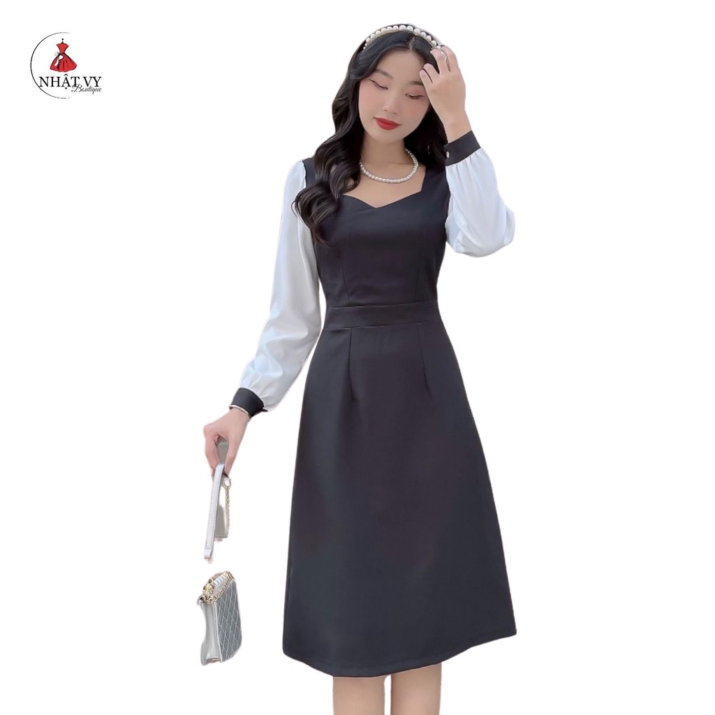 Đầm Nữ NHẬT VY Cổ Tim Tay Dài Chất Kaki Thun Đi Tiệc Màu Đen, Đỏ - D2233